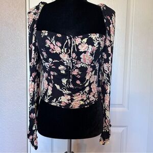 Free People Boho Black with Florals Blouse‎ Size S/P